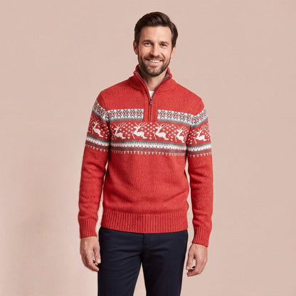 Strickpullover für Herren in Rot, Fair Isle Pullover mit Halbreißverschluss und Rentiermuster