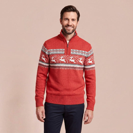 Strickpullover für Herren in Rot, Fair Isle Pullover mit Halbreißverschluss und Rentiermuster