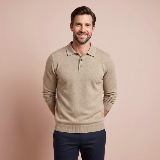 Strickpullover Herren mit Hemdkragen in Beige mit Knopfleiste