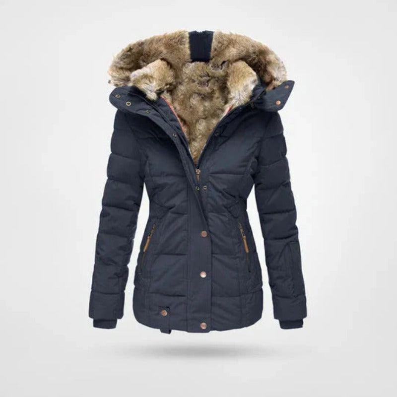 Dunkelblaue Winterjacke mit Kapuze in Felloptik