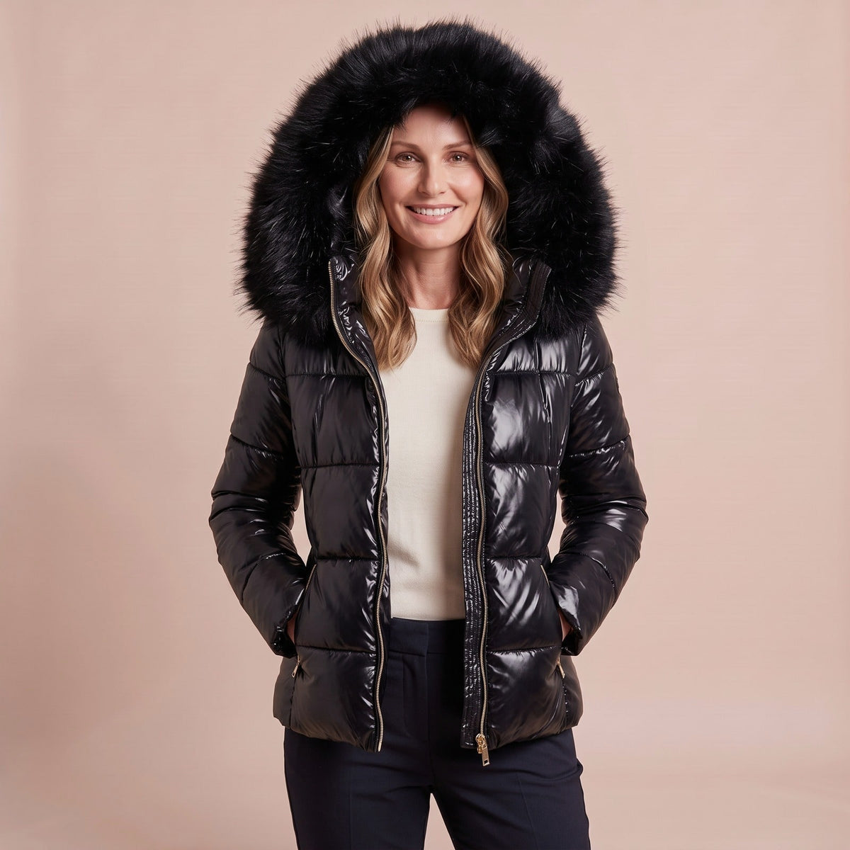 Warme Winterjacke Damen in Schwarz mit Kapuze