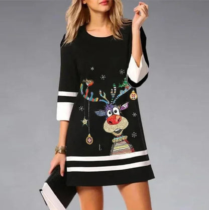 Christmas Kleid Damen mit Rentier Print, Motiv 1