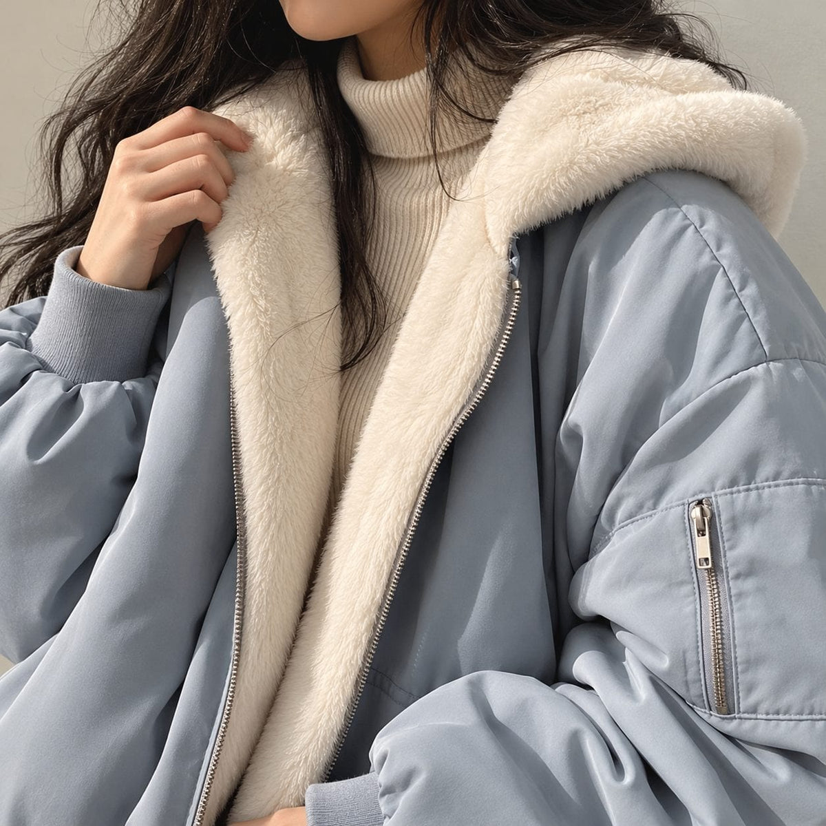 Blaue Wendejacke Detail mit Plüschfutter 3