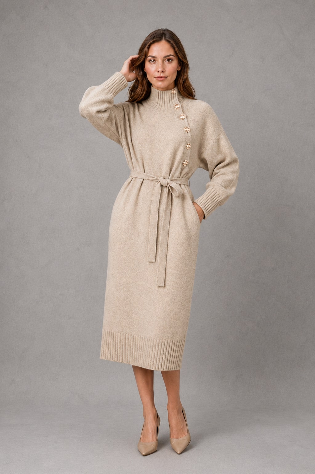 Winterkleid aus Strick mit Rollkragen und Bindegürtel 5