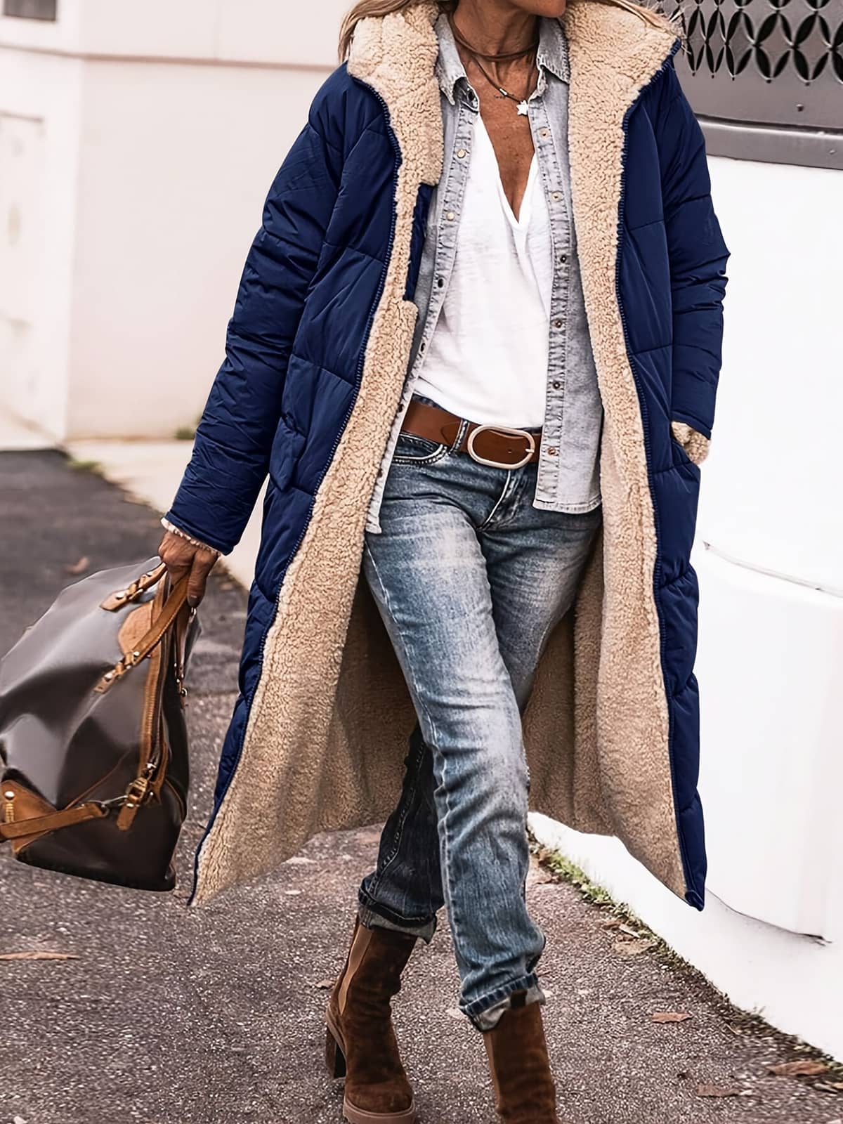 Winterparka Damen, langer Steppmantel mit Teddyfutter 4