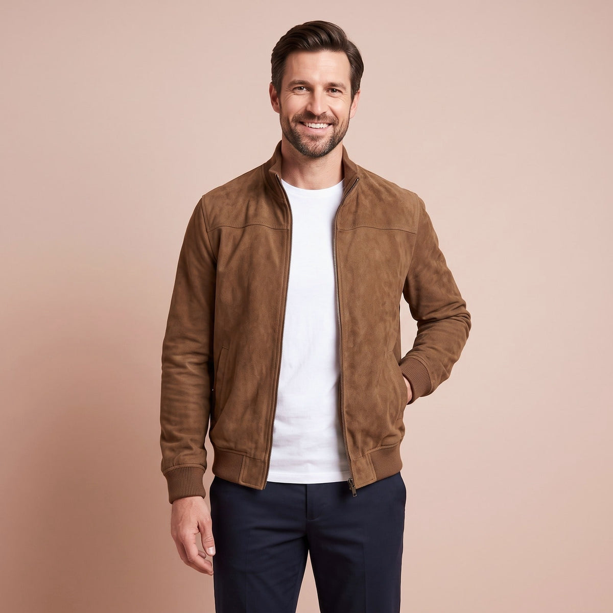 Zip Cardigan Bomberjacke für Herren aus Wildleder in Braun